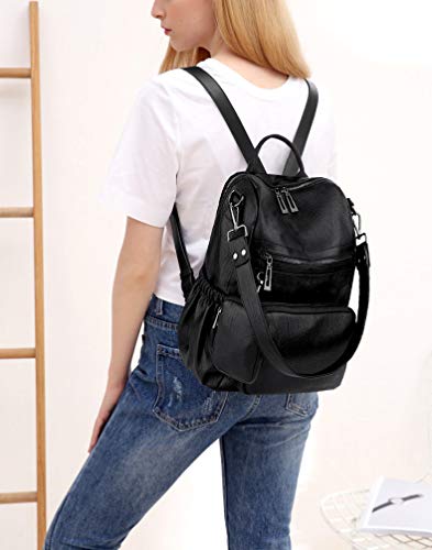 UTO Women Backpack Purse Leather Vegan Convertible Ladies Rucksack Zipper Pocket Shoulder Bag with Detachable Pouch Black