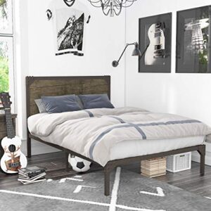 einfach twin metal platform bed frame with wooden rivet headboard/mattress foundation with 13 strong steel slats support/no box spring needed/single platform bed for kid boy adult/easy assembly/brown