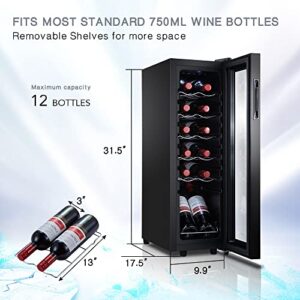 STAIGIS 12 Bottle Compressor Wine Cooler Refrigerator, Small Freestanding Wine Fridge for Red, White and Champagne, Mini Fridge with 40-66F Digital Temperature Control Glass Door