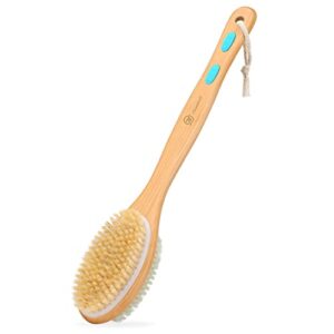 freatech long handle body brush back scrubber exfoliator - 17.3" wooden bath shower brush, dual-sided brush head with soft nylon bristles and stiff natural bristles for wet or dry brushing