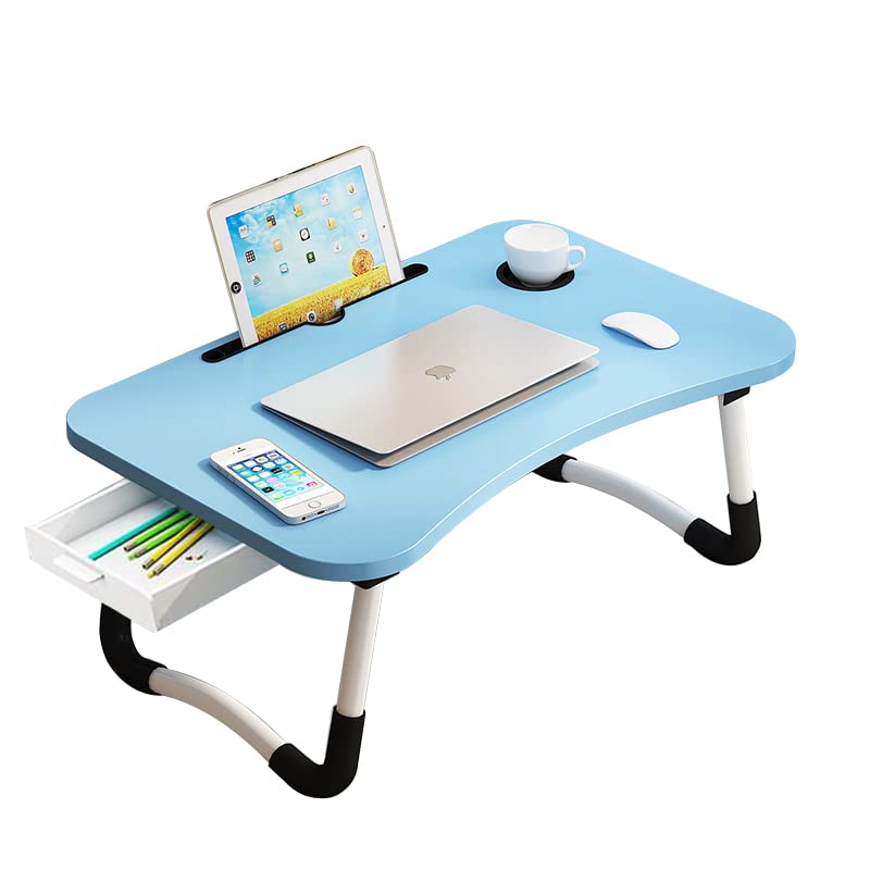 Lap Desk with Storage Drawer, Cup and Phone Holder, Laptop Bed Tray Table, 23.6" Foldable Laptop Desk, Laptop Stand for Working, Writing, Gaming and Drawing (23", Blue)