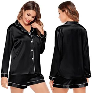 SWOMOG Womens Silk Satin Pajamas Long Sleeve Loungewear Two-piece Sleepwear Button-Down Pj Set Black