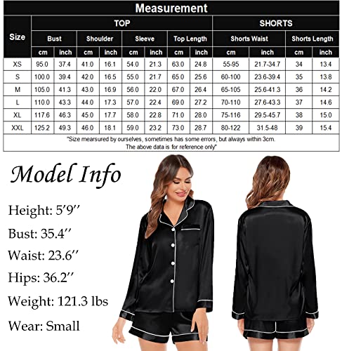 SWOMOG Womens Silk Satin Pajamas Long Sleeve Loungewear Two-piece Sleepwear Button-Down Pj Set Black