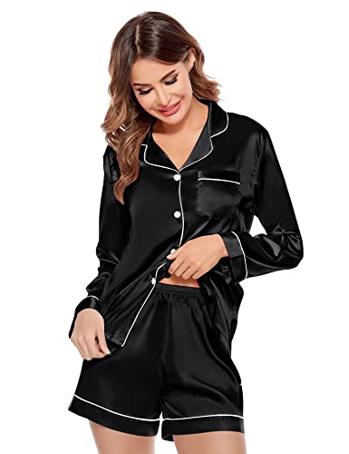 SWOMOG Womens Silk Satin Pajamas Long Sleeve Loungewear Two-piece Sleepwear Button-Down Pj Set Black