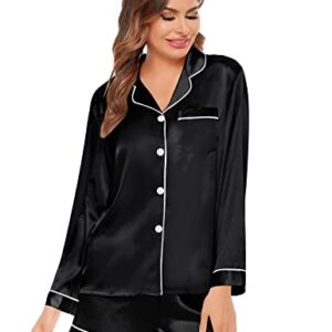 SWOMOG Womens Silk Satin Pajamas Long Sleeve Loungewear Two-piece Sleepwear Button-Down Pj Set Black