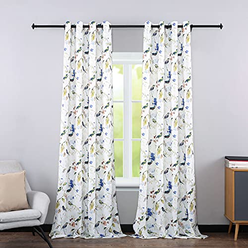 Leeva Delicate Blue Birds Window Curtains for Bedroom Dining Room, Grommet Top Crafted Printed Garden Windows Treatment Panels Set for Dorm, Set of 2 Pieces, 52x96