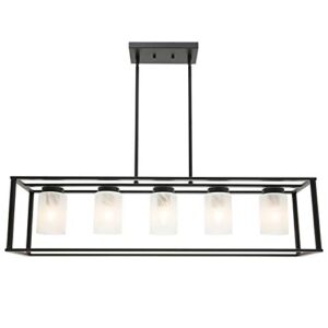 vinluz 5 light kitchen island chandeliers farmhouse black linear dining rooms lighting fixtures hanging with white alabaster glass shade rectangle modern industrial pendant ceiling lights