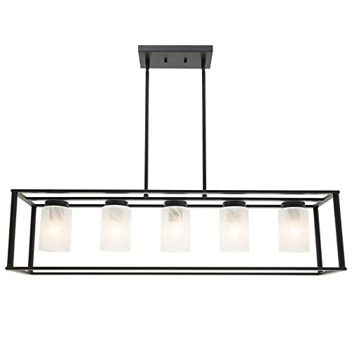 VINLUZ 5 Light Kitchen Island Chandeliers Farmhouse Black Linear Dining Rooms Lighting Fixtures Hanging with White Alabaster Glass Shade Rectangle Modern Industrial Pendant Ceiling Lights
