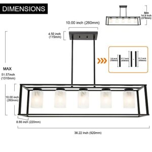 VINLUZ 5 Light Kitchen Island Chandeliers Farmhouse Black Linear Dining Rooms Lighting Fixtures Hanging with White Alabaster Glass Shade Rectangle Modern Industrial Pendant Ceiling Lights