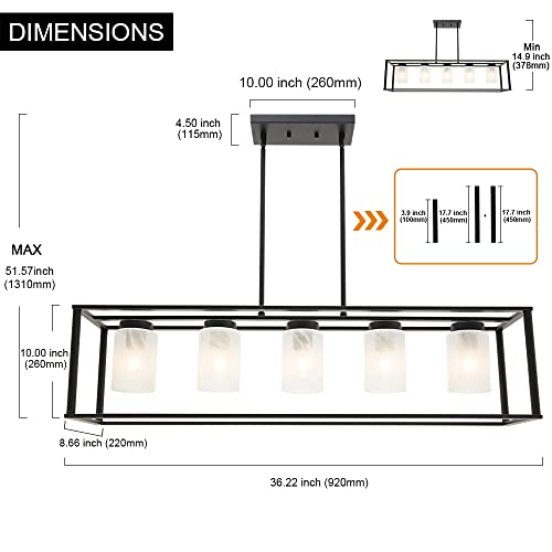 VINLUZ 5 Light Kitchen Island Chandeliers Farmhouse Black Linear Dining Rooms Lighting Fixtures Hanging with White Alabaster Glass Shade Rectangle Modern Industrial Pendant Ceiling Lights