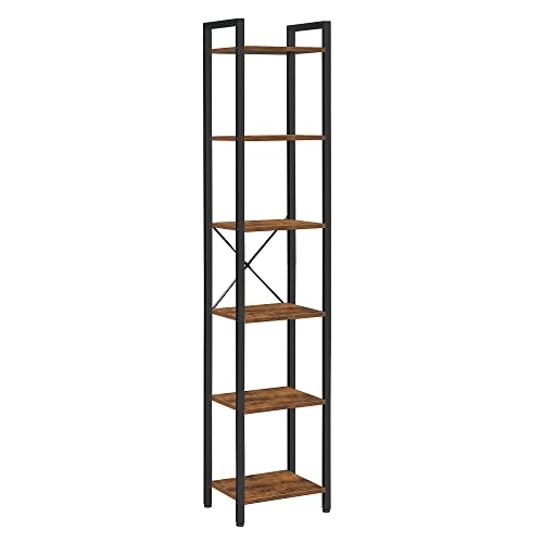 VASAGLE 6-Tier Tall Bookshelf, Narrow Bookcase with Steel Frame, Skinny Book Shelf for Living Room, Home Office, Study, 11.8 x 15.7 x 73.8 Inches, Industrial Style, Rustic Brown and Black ULLS101B01