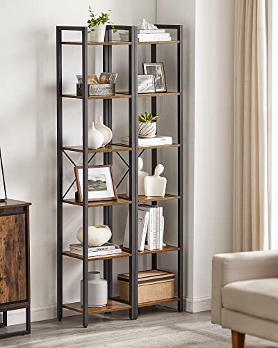 VASAGLE 6-Tier Tall Bookshelf, Narrow Bookcase with Steel Frame, Skinny Book Shelf for Living Room, Home Office, Study, 11.8 x 15.7 x 73.8 Inches, Industrial Style, Rustic Brown and Black ULLS101B01