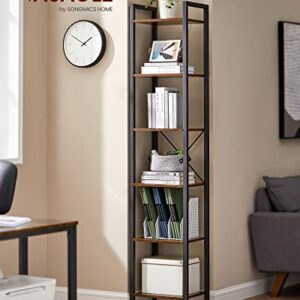 VASAGLE 6-Tier Tall Bookshelf, Narrow Bookcase with Steel Frame, Skinny Book Shelf for Living Room, Home Office, Study, 11.8 x 15.7 x 73.8 Inches, Industrial Style, Rustic Brown and Black ULLS101B01
