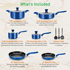 NutriChef 13 Pcs. Nonstick Kitchen Cookware PTFE/PFOA/PFOS-Free Heat Resistant Kitchenware Set w/Saucepan, Frying Pans, Cooking Pots, Casserole, Lids, & Utensils, Blue NCCWA13BU