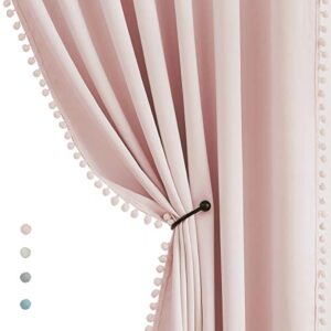 pom pom curtains for bedroom pink girls room blackout window drapes 63" energy efficient thermal insulated living room darkening curtain panels 2pcs