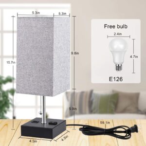 WIHTU 3-Color Temperature Bedside Lamp with USB Port and AC Outlet Table Lamps for Bedroom Lamps Nightstand Lamps with Grey Shade Black Metal Bed Lamp Small Desk Lamps for Living Room(Bulb Included)