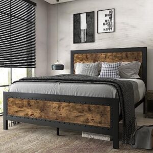 sha cerlin grey metal bed frame queen/industrial wooden platform bed with rivet headboard/no box spring needed