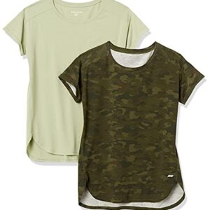 Amazon Essentials Women's Studio Relaxed-Fit Lightweight Crewneck T-Shirt (Available in Plus Size), Pack of 2, Light Green/Camo, Medium