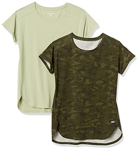 Amazon Essentials Women's Studio Relaxed-Fit Lightweight Crewneck T-Shirt (Available in Plus Size), Pack of 2, Light Green/Camo, Medium