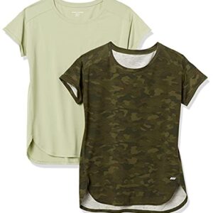Amazon Essentials Women's Studio Relaxed-Fit Lightweight Crewneck T-Shirt (Available in Plus Size), Pack of 2, Light Green/Camo, Small
