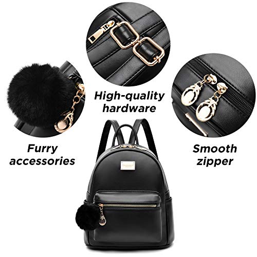 I IHAYNER Women Fashion Backpack Cute Leather Backpack Mini Backpack Purse for Women Satchel Bags with Pompom Casual Travel Daypacks Black