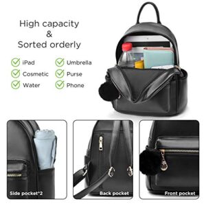 I IHAYNER Women Fashion Backpack Cute Leather Backpack Mini Backpack Purse for Women Satchel Bags with Pompom Casual Travel Daypacks Black