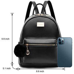 I IHAYNER Women Fashion Backpack Cute Leather Backpack Mini Backpack Purse for Women Satchel Bags with Pompom Casual Travel Daypacks Black