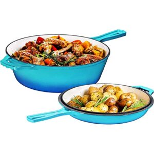 bruntmor caribbean 3qt cast iron dutch oven & skillet combo, enamel coated cookware, perfect for braising, casseroles and slow cooking