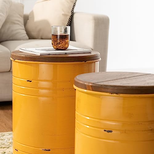glitzhome Rustic Storage Ottoman Seat Stool, Farmhouse Nesting Table, Galvanized Barrel Metal Accent End Side Table Toy Box Bin with Round Wood Lid Set of 2 for Living Room Furniture, Yellow