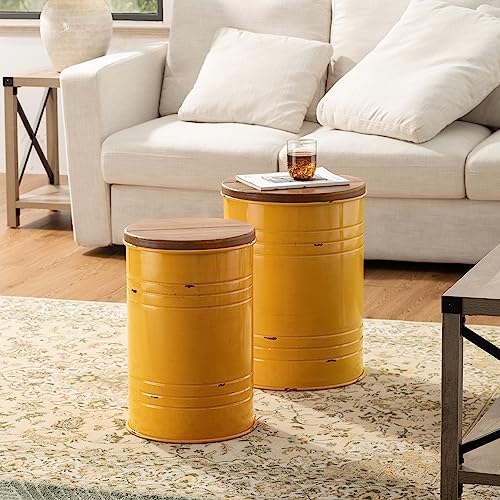 glitzhome Rustic Storage Ottoman Seat Stool, Farmhouse Nesting Table, Galvanized Barrel Metal Accent End Side Table Toy Box Bin with Round Wood Lid Set of 2 for Living Room Furniture, Yellow