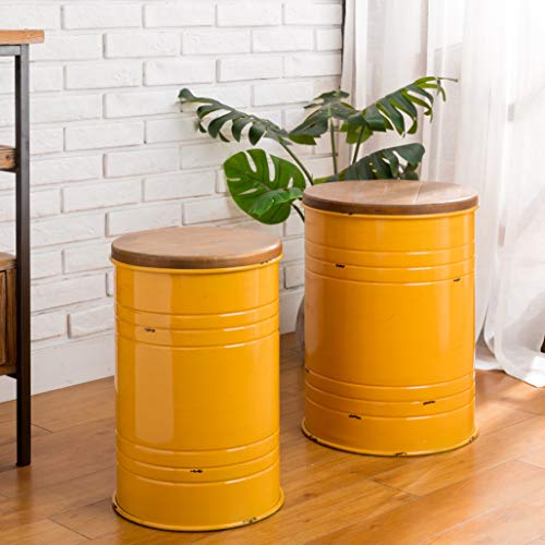glitzhome Rustic Storage Ottoman Seat Stool, Farmhouse Nesting Table, Galvanized Barrel Metal Accent End Side Table Toy Box Bin with Round Wood Lid Set of 2 for Living Room Furniture, Yellow