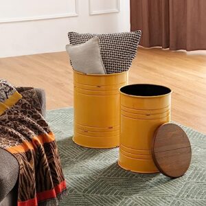 glitzhome Rustic Storage Ottoman Seat Stool, Farmhouse Nesting Table, Galvanized Barrel Metal Accent End Side Table Toy Box Bin with Round Wood Lid Set of 2 for Living Room Furniture, Yellow