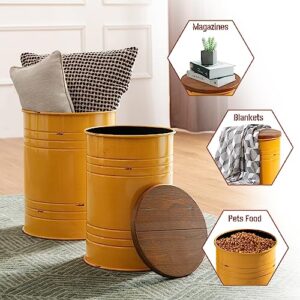 glitzhome Rustic Storage Ottoman Seat Stool, Farmhouse Nesting Table, Galvanized Barrel Metal Accent End Side Table Toy Box Bin with Round Wood Lid Set of 2 for Living Room Furniture, Yellow