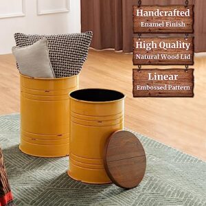 glitzhome Rustic Storage Ottoman Seat Stool, Farmhouse Nesting Table, Galvanized Barrel Metal Accent End Side Table Toy Box Bin with Round Wood Lid Set of 2 for Living Room Furniture, Yellow