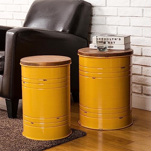 glitzhome Rustic Storage Ottoman Seat Stool, Farmhouse Nesting Table, Galvanized Barrel Metal Accent End Side Table Toy Box Bin with Round Wood Lid Set of 2 for Living Room Furniture, Yellow