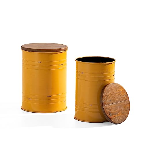 glitzhome Rustic Storage Ottoman Seat Stool, Farmhouse Nesting Table, Galvanized Barrel Metal Accent End Side Table Toy Box Bin with Round Wood Lid Set of 2 for Living Room Furniture, Yellow