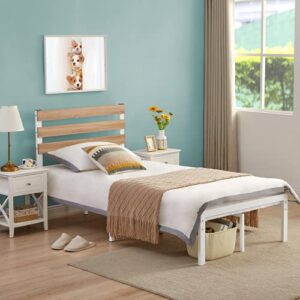 greenforest twin bed frame with wooden headboard platform bed with metal support slats no-noise heavy duty bed base industrial style with 9 strong legs,mattress foundation,twin