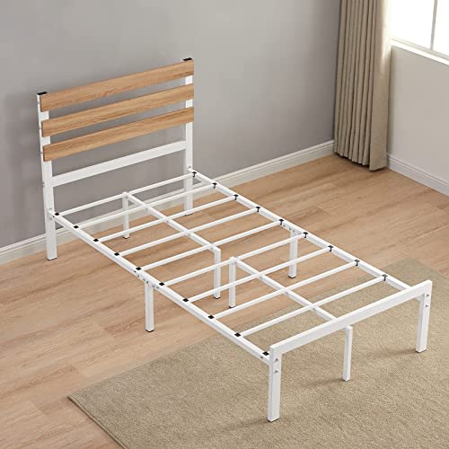 GreenForest Twin Bed Frame with Wooden Headboard Platform Bed with Metal Support Slats NO-Noise Heavy Duty Bed Base Industrial Style with 9 Strong Legs,Mattress Foundation,Twin