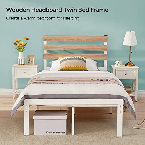 GreenForest Twin Bed Frame with Wooden Headboard Platform Bed with Metal Support Slats NO-Noise Heavy Duty Bed Base Industrial Style with 9 Strong Legs,Mattress Foundation,Twin