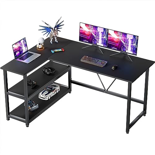 GreenForest 51 inch L Shaped Gaming Desk Small Reversible Corner Gaming Computer Desk with Storage Shelves for Home Office PC Workstation Laptop Table, Black