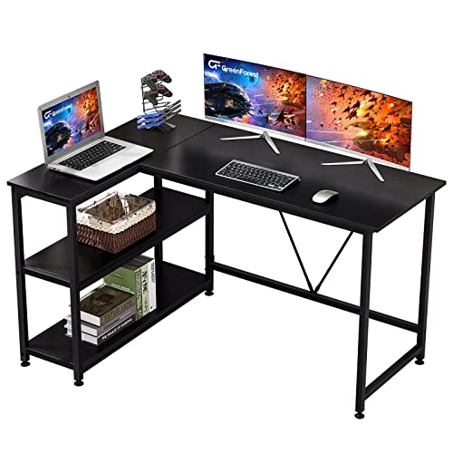 GreenForest 51 inch L Shaped Gaming Desk Small Reversible Corner Gaming Computer Desk with Storage Shelves for Home Office PC Workstation Laptop Table, Black