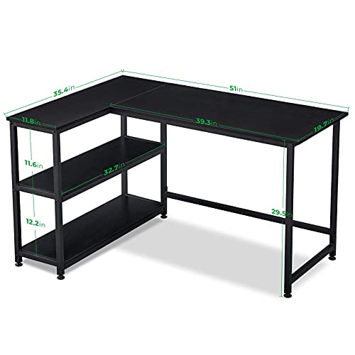 GreenForest 51 inch L Shaped Gaming Desk Small Reversible Corner Gaming Computer Desk with Storage Shelves for Home Office PC Workstation Laptop Table, Black