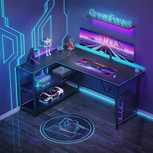 GreenForest 51 inch L Shaped Gaming Desk Small Reversible Corner Gaming Computer Desk with Storage Shelves for Home Office PC Workstation Laptop Table, Black