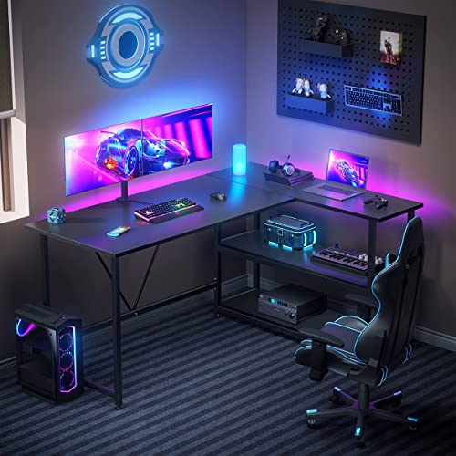 GreenForest 51 inch L Shaped Gaming Desk Small Reversible Corner Gaming Computer Desk with Storage Shelves for Home Office PC Workstation Laptop Table, Black