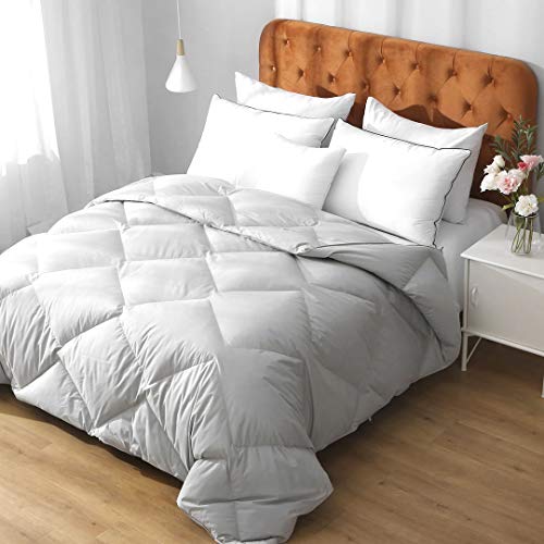 APSMILE Feathers Down Comforter California King, All Season Organic Feathers Down Duvet Insert- 64oz Geometric Grid Machine Washable Bedding Comforter(104x96, Cloud Grey)