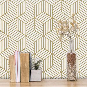 gold and white geometric wallpaper peel and stick wallpaper hexagon removable self adhesive wallpaper gold stripes geometric paper vinyl film decorative shelf drawer liner roll waterproof17.7”×393”