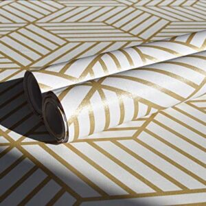 Gold and White Geometric Wallpaper Peel and Stick Wallpaper Hexagon Removable Self Adhesive Wallpaper Gold Stripes Geometric Paper Vinyl Film Decorative Shelf Drawer Liner Roll Waterproof17.7”×393”