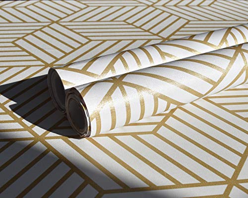 Gold and White Geometric Wallpaper Peel and Stick Wallpaper Hexagon Removable Self Adhesive Wallpaper Gold Stripes Geometric Paper Vinyl Film Decorative Shelf Drawer Liner Roll Waterproof17.7”×393”