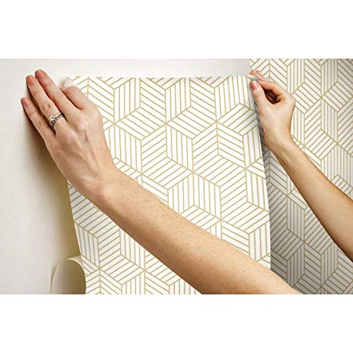 Gold and White Geometric Wallpaper Peel and Stick Wallpaper Hexagon Removable Self Adhesive Wallpaper Gold Stripes Geometric Paper Vinyl Film Decorative Shelf Drawer Liner Roll Waterproof17.7”×393”