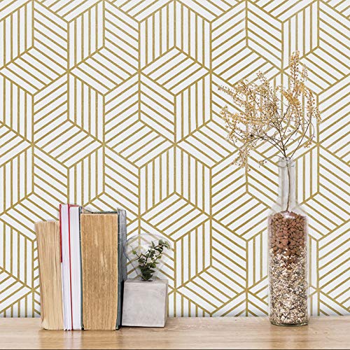 Gold and White Geometric Wallpaper Peel and Stick Wallpaper Hexagon Removable Self Adhesive Wallpaper Gold Stripes Geometric Paper Vinyl Film Decorative Shelf Drawer Liner Roll Waterproof 17.7”×118”